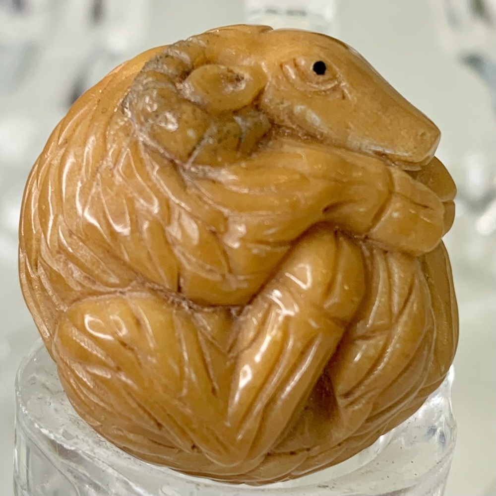 Vintage NETSUKE Carved Tagua Nut Ram Sheep Animal Carving Bead Figurine Japanese